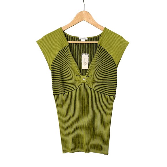 Dress Barn Womens Ribbed Knit Babydoll V Neck Fitted Y2K Sweater Sz Small Green - Picture 1 of 7